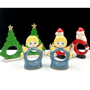 Vintage Hand Painted Napkin Ring Holder Ceramic Christmas Tree Santa Angel -6 pc